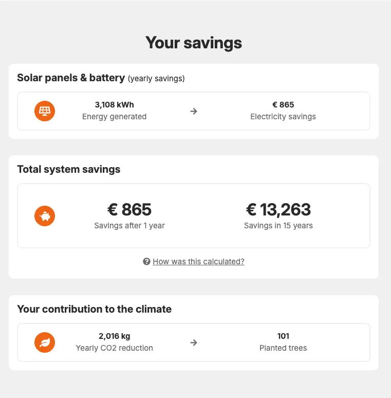 Simple cost savings overview of solar panel system and battery in a PV proposal.